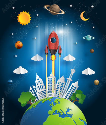 Paper art style of rocket flying over the earth, start up concept, flat-style vector illustration.