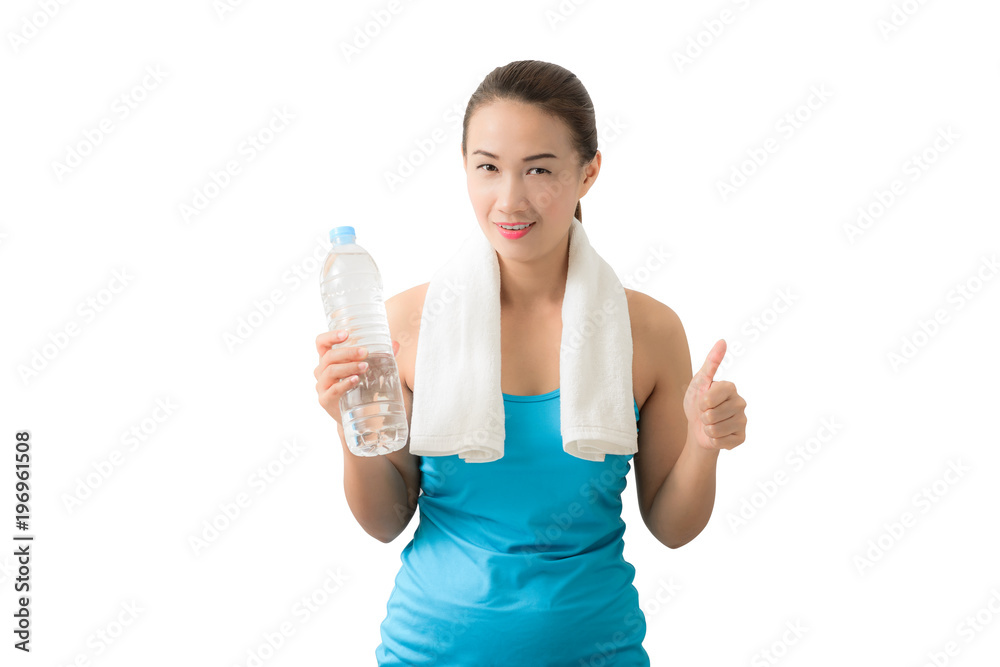 Fitness woman happy smiling holding water bottle Fitness woman happy smiling holding water bottle