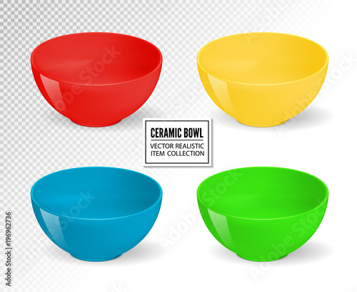 Empty realistic vector food bowls. Ceramic kitchen dishware set. Bowl for food, ceramic dishware empty collection