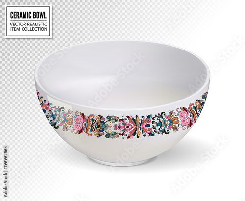 Clay tea or drinking, or soup bowl with a ornament pattern on transparent background. Vector realistic item.