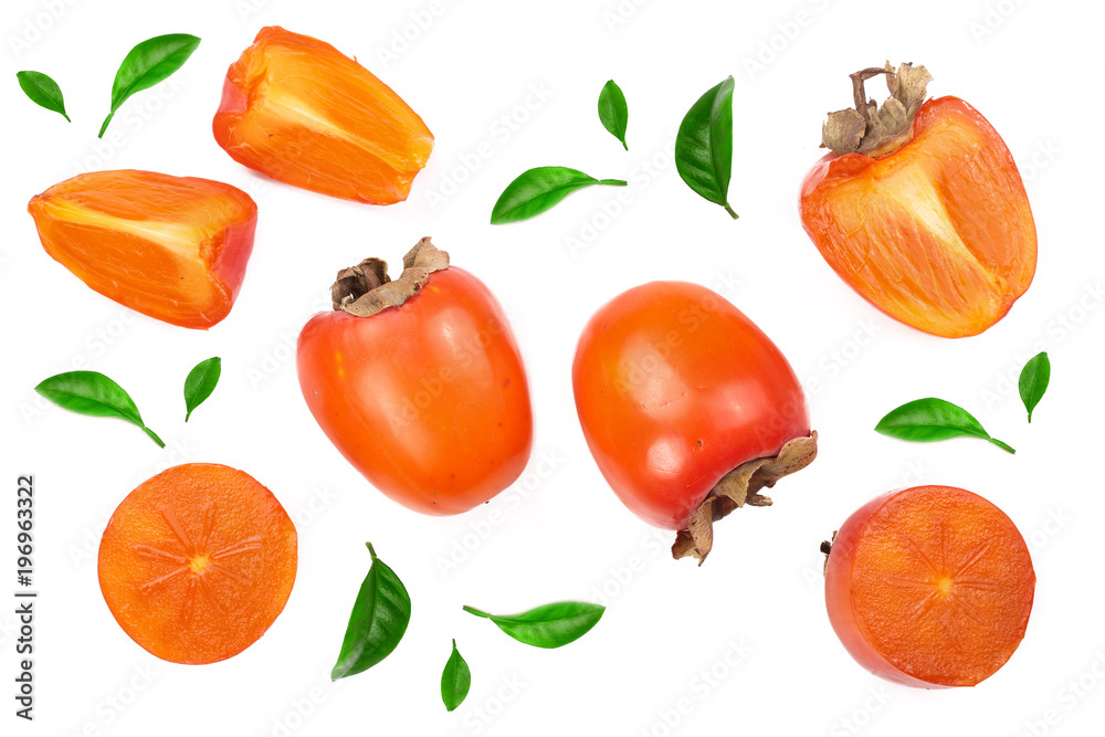 persimmon with leaf isolated on white background. Top view. Flat lay pattern