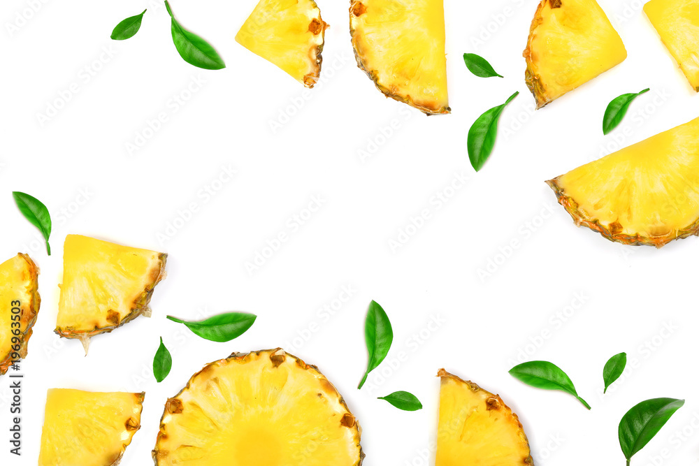 Sliced pineapple with leaf isolated on white background with copy space for your text. Top view Sliced pineapple with leaf isolated on white background with copy space for your text. Top view