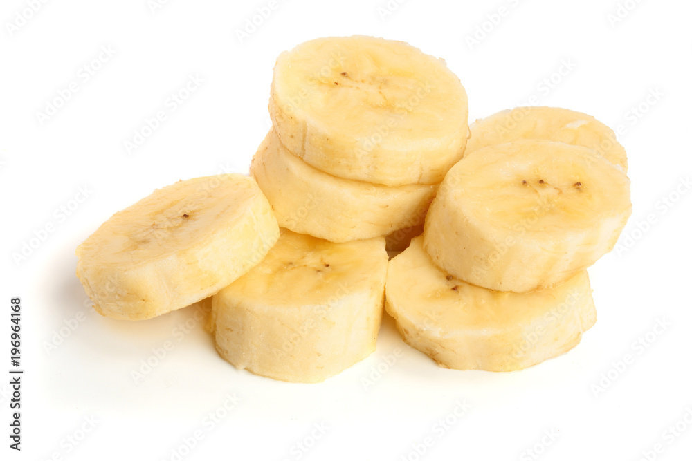 banana sliced isolated on white background. Top view. Flat lay banana sliced isolated on white background. Top view. Flat lay