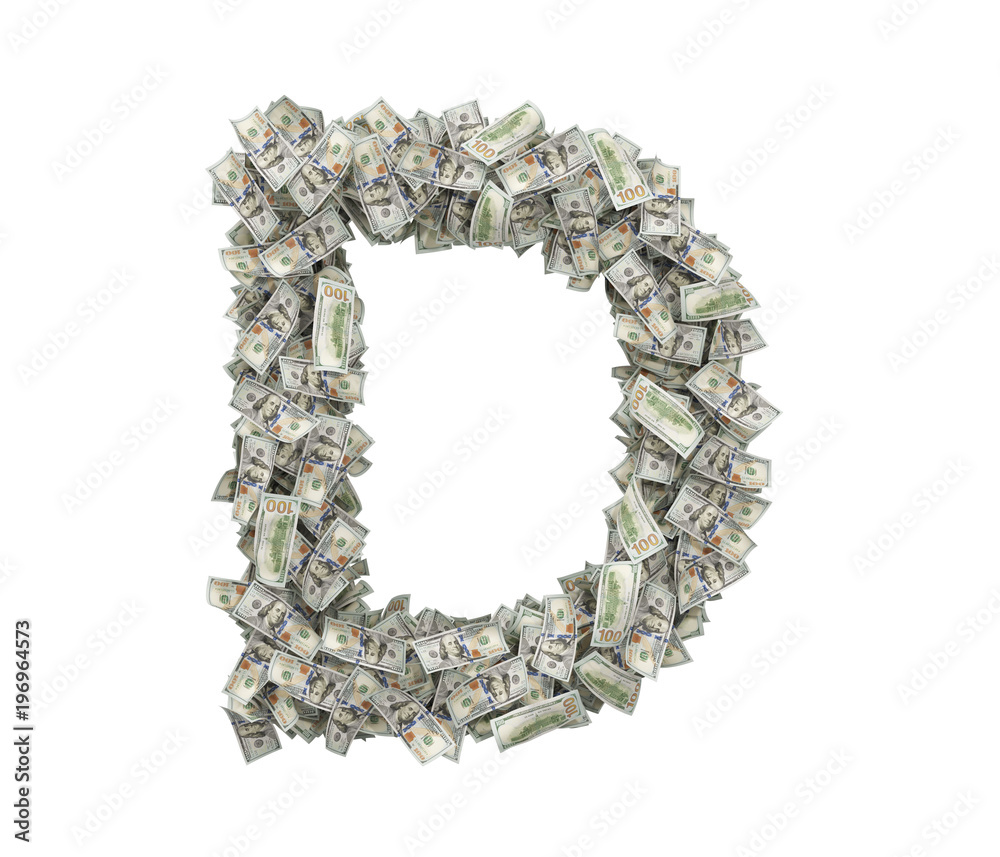 3d rendering of a large isolated large letter D made of one hundred dollar bills. 3d rendering of a large isolated large letter D made of one hundred dollar bills.