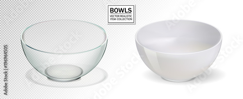 Glass and ceramic bowl set vector illustration. Realistik bowl on transparent backgraund. 3d photo