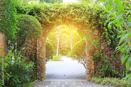 Stone arch entrance gate covered with ivy. Archway to the park with sunlight.
 photo