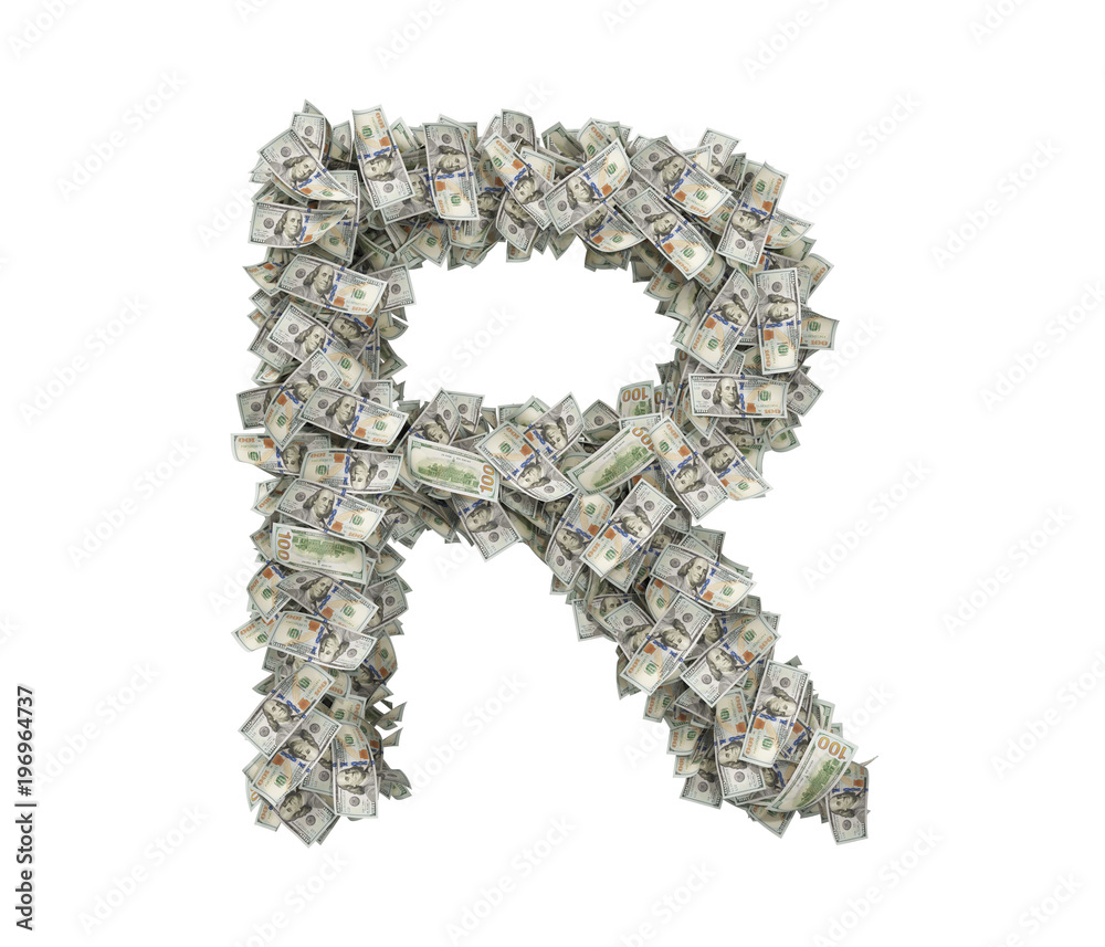3d rendering of a large isolated large letter R made of one hundred dollar bills.