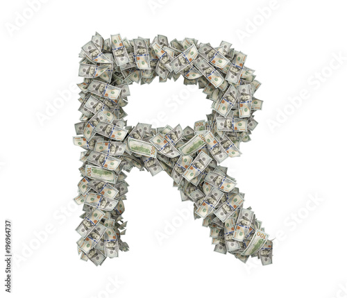 3d rendering of a large isolated large letter R made of one hundred dollar bills.