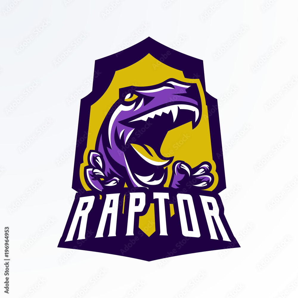 Logo, badge, sticker, dinosaur emblem and its sharp teeth. Dangerous beast, predator of the Jurassic period, extinct animal, mascot, jaw and claws. Lettering, shield, print. Vector illustration Logo, badge, sticker, dinosaur emblem and its sharp teeth. Dangerous beast, predator of the Jurassic period, extinct animal, mascot, jaw and claws. Lettering, shield, print. Vector illustration