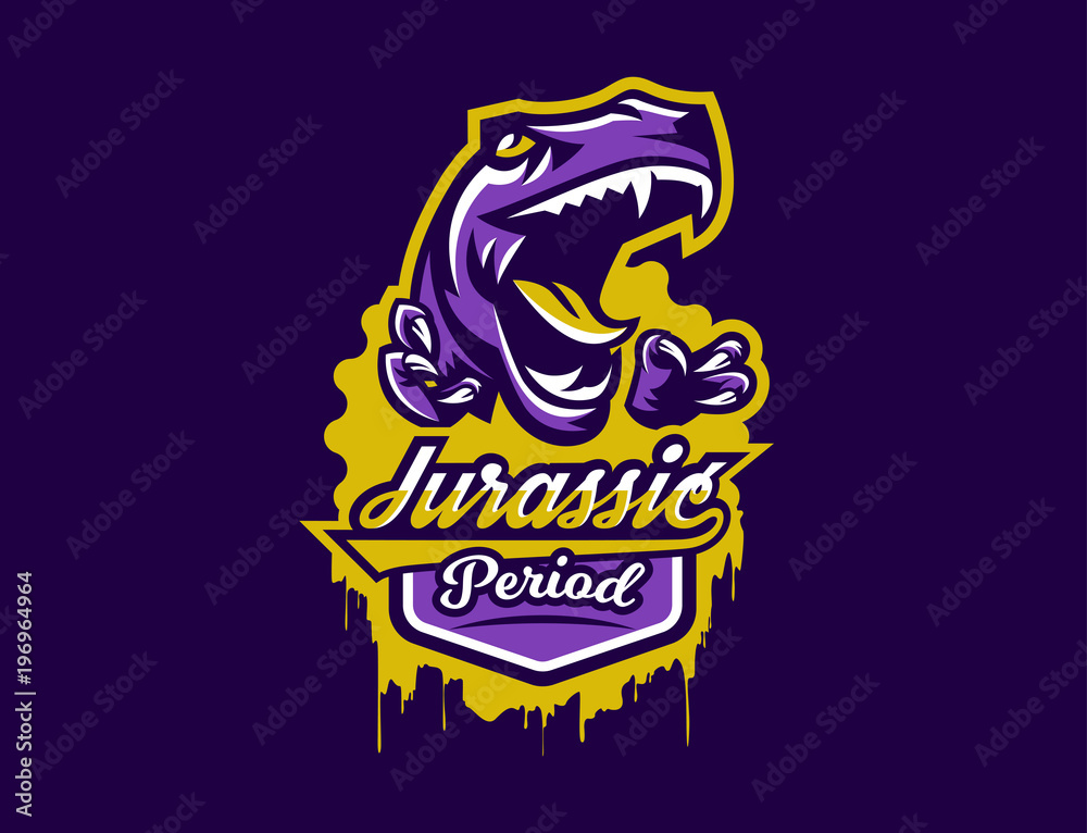Logo, sticker, dinosaur and its sharp teeth. Dangerous beast, predator of the Jurassic period, extinct animal, mascot, jaw and claws. Lettering, shield, print. Vector illustration