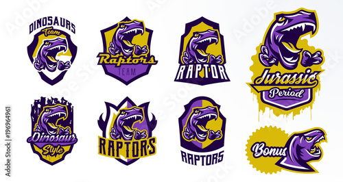 A collection of logos, badges, stickers, dinosaur emblems and its sharp teeth. Dangerous beast, predator of the Jurassic period, animal, mascot. Lettering, shield, print. Vector illustration