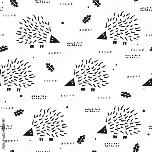 Seamless pattern with cute hedgehogs. Vintage repeating texture with smiling urchins. Childish vector background with cartoon characters. photo