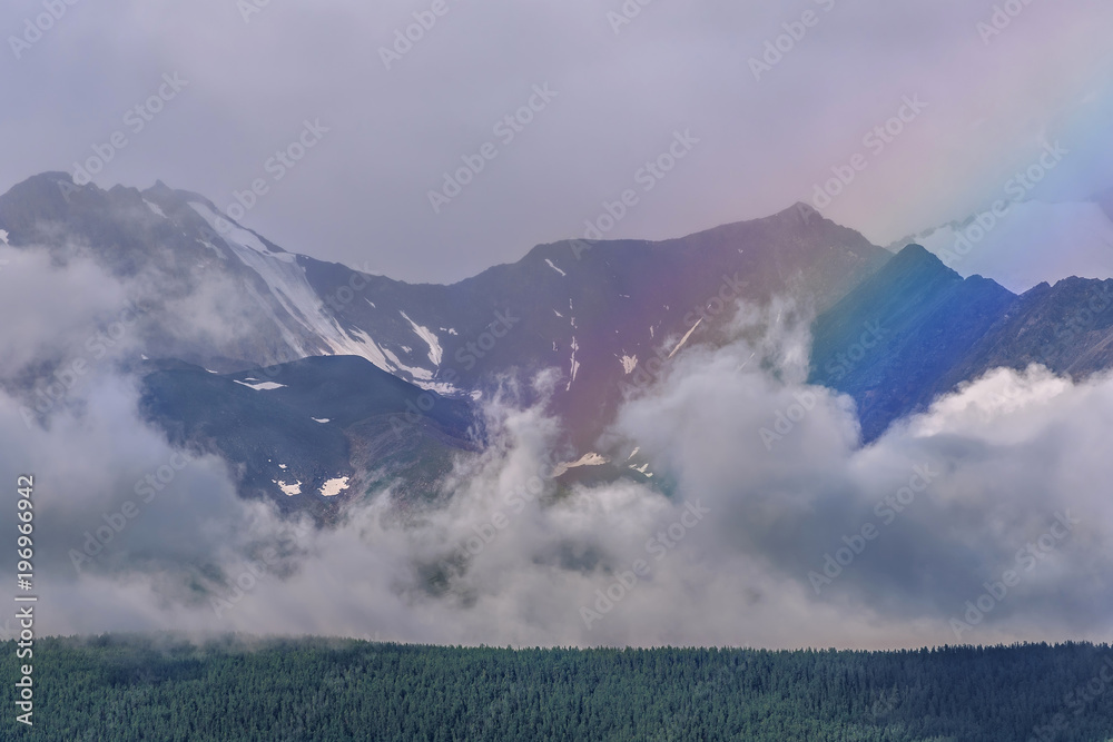 mountains rainbow forest clouds