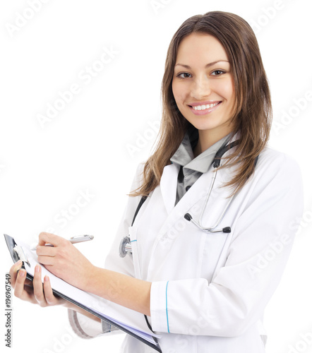 Portrait of doctor with clipboard, over white