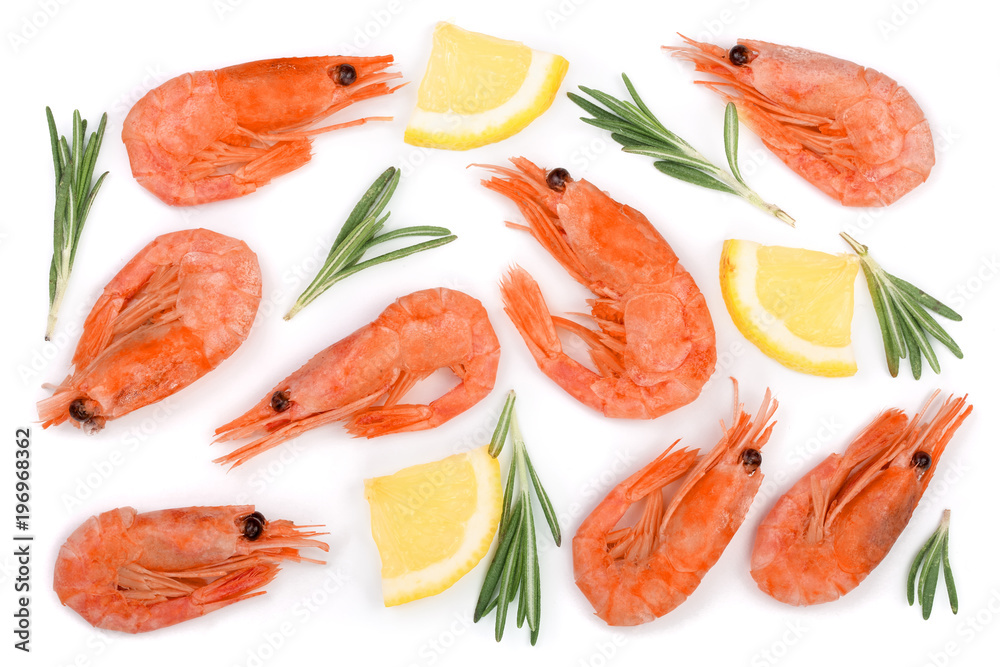 Red cooked prawn or shrimp with rosemary and lemon slice isolated on white background. Top view. Flat lay Red cooked prawn or shrimp with rosemary and lemon slice isolated on white background. Top view. Flat lay