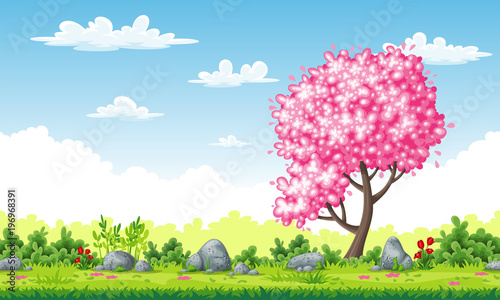 Rual spring landscape with tree and flowers