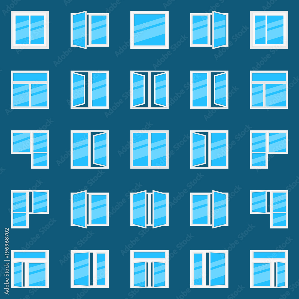 Window flat icons. Vector set of plastic windows symbols