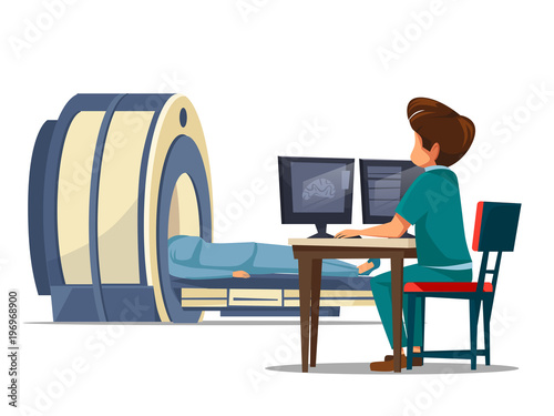Vector cartoon computer tomography ct or magnetic resonance imaging mri patient scanning concept. Man doctor in medical uniform makes diagnostic tests, screening of body looking at monitor in clinic.