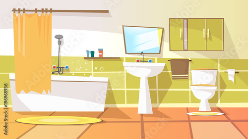 Vector cartoon bathroom interior background template. Modern home, hotel apartment lavatory, restroom. Illustration with ceramic furniture bathtub, faucet toilet sink, shower mirror closet with mirror