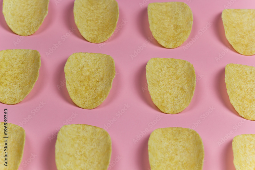 top view chips pattern pink pastel background top view chips pattern pink pastel background