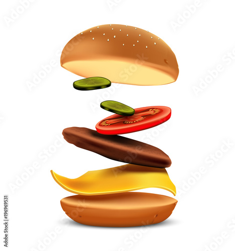 Attractive hamburger with refreshing ingredients on white background, Delicious food, Fast food