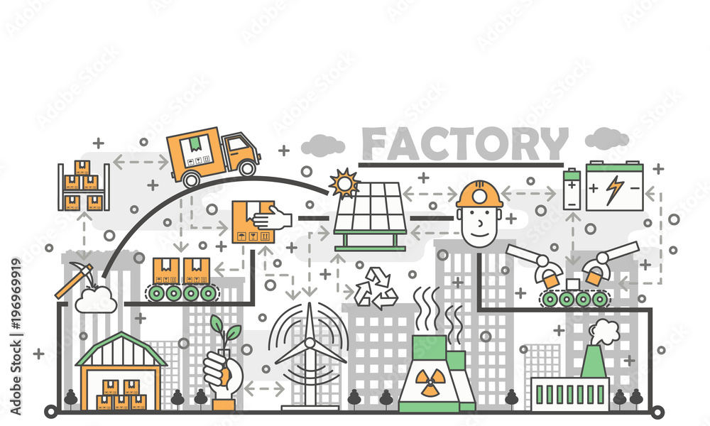 Fotografie Ecological factory concept vector flat line art illustration