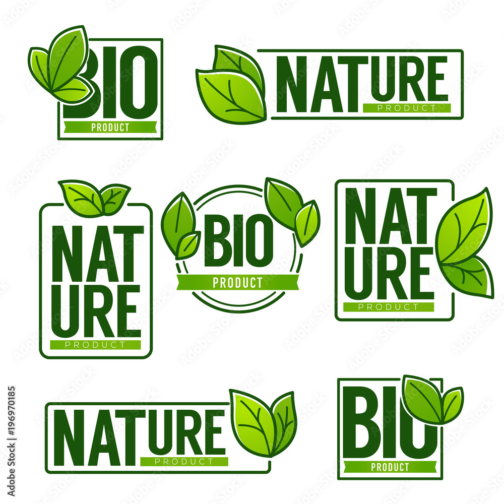 Nature and Bio Product, doodle organic leaves emblems, stickers, frames and logo Nature and Bio Product, doodle organic leaves emblems, stickers, frames and logo