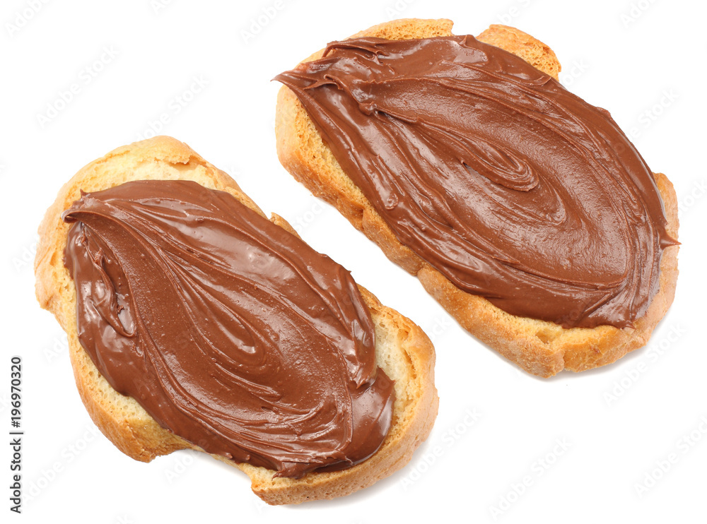 Slice of bread with chocolate cream isolated on white background