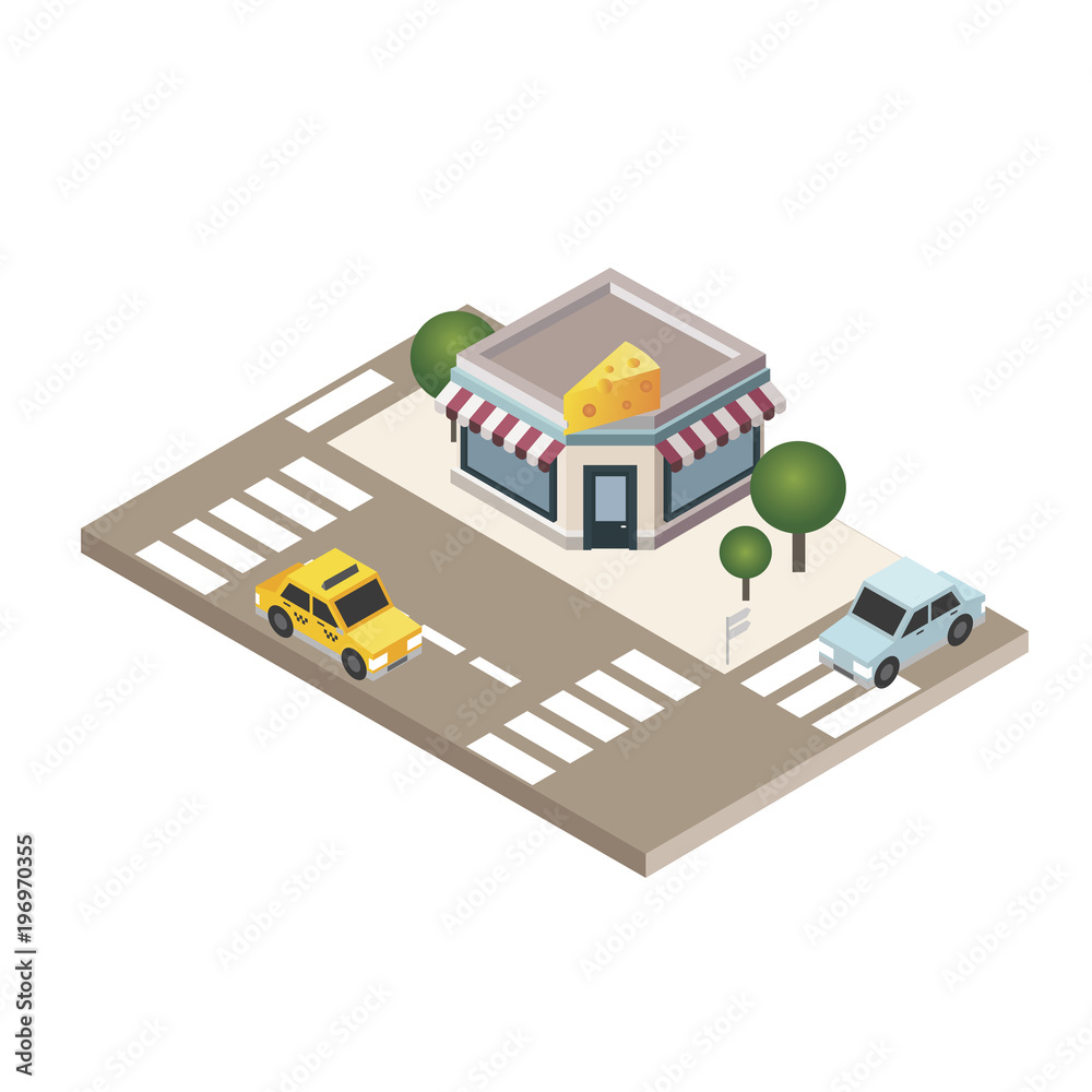 Isometric city. Cheese shop. Pizzeria. Food delivering. City life. Geo tracking. Map Isometric city. Cheese shop. Pizzeria. Food delivering. City life. Geo tracking. Map