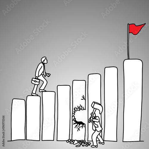 businessman trying to use hammer to stop success of his friend  vector illustration doodle sketch hand drawn with black lines isolated on gray background. Business concept.