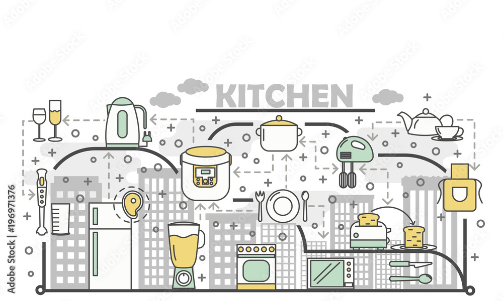 Kitchen concept vector flat line art illustration