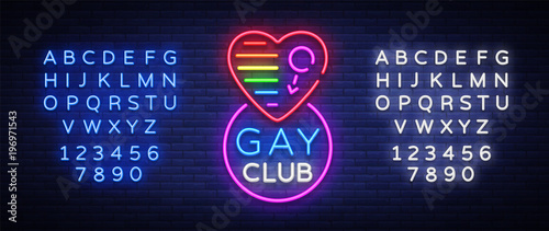 Gay club neon sign. Logo in neon style, light banner, billboard, night bright advertising for gay club, lgbt, party, gay society. Same-sex love. Vector illustration. Editing text neon sign