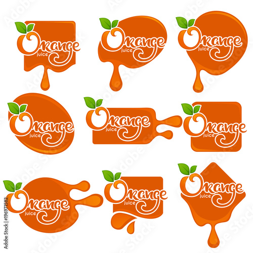 vector collection of bright and shine  stickers, emblems and banners for orange fresh juice with lettering composition