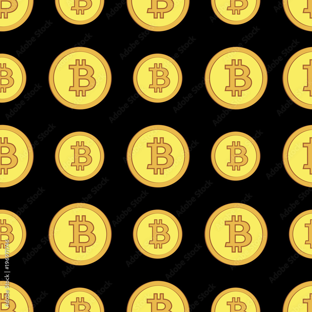 Golden coins with bitcoin sign seamless pattern. Crypto-currency market. Money icons on black background Golden coins with bitcoin sign seamless pattern. Crypto-currency market. Money icons on black background