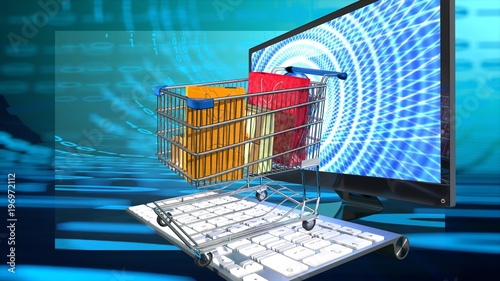Shopping e commerce cart with presents and shopping bags on a computer keyboard, emerging from the computer screen, symbolizes online shopping, internet busines,blue binary digital background photo