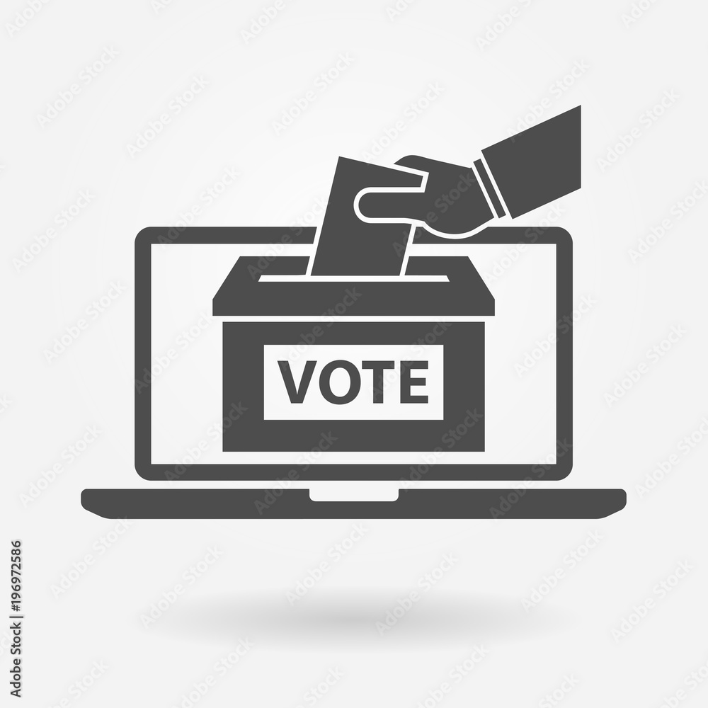 Voting online icon concept. Hand putting voting paper into the ballot box on a laptop screen Voting online icon concept. Hand putting voting paper into the ballot box on a laptop screen