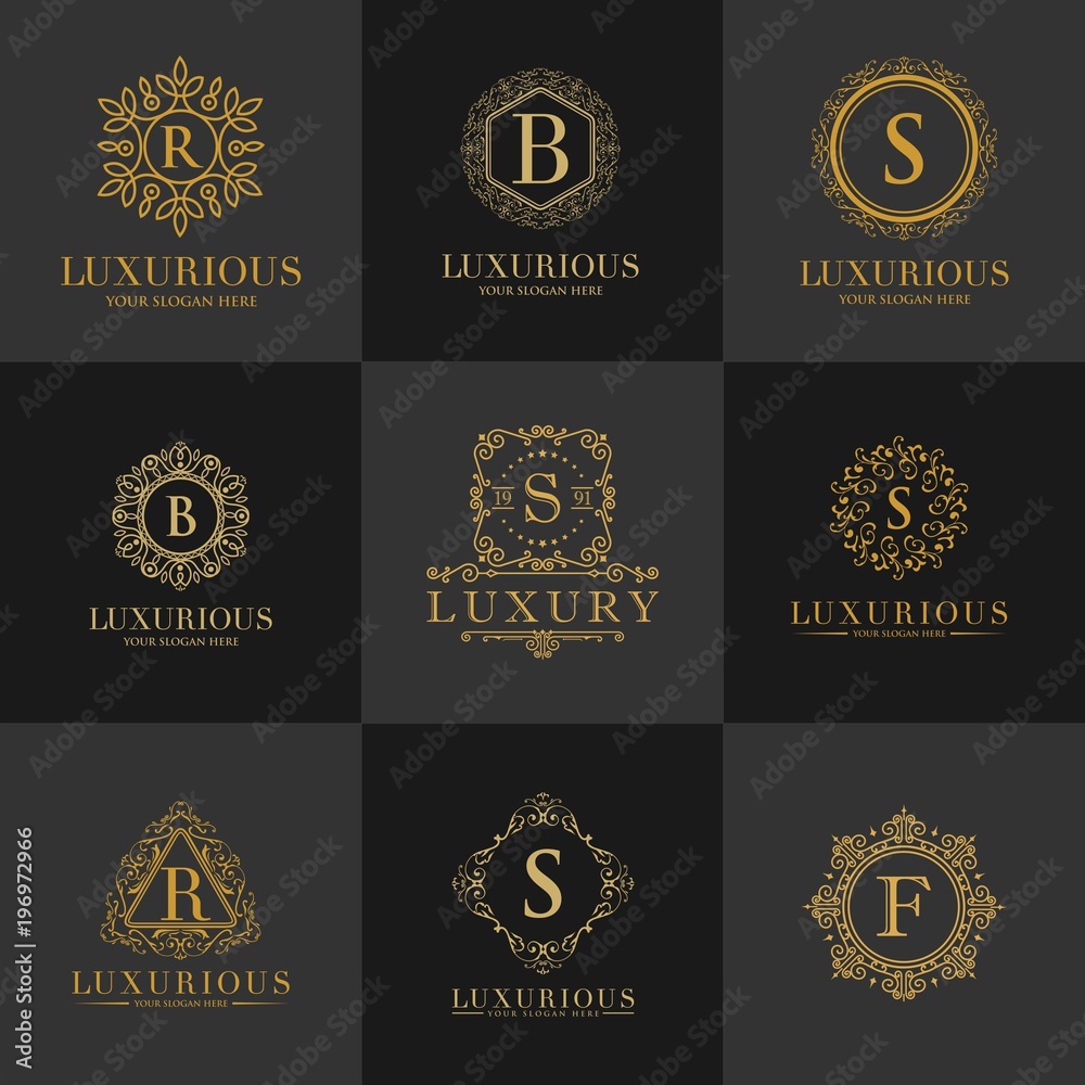 Luxury Letter Logo set, Luxury Logos template flourishes calligraphic elegant ornament lines. Business sign, identity for Restaurant, Royalty, Boutique, Hotel, Heraldic, Jewelry, Fashion etc