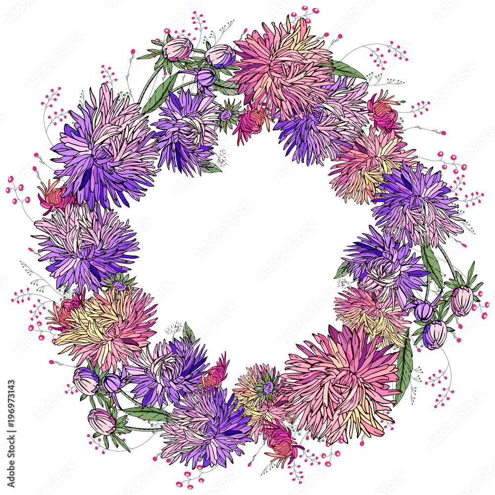 Round floral frame made of different asters. Round garland with space for your text for season design Round floral frame made of different asters. Round garland with space for your text for season design