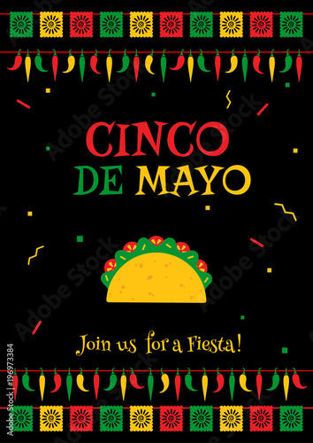Colorful concept with taco symbol, garland flags and jalapeno for traditional Mexican celebration on cinco de mayo. Vector illustration for restaurant menu