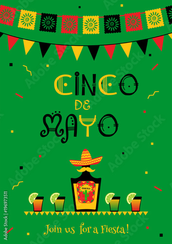 Stylish cinco de mayo fiesta invitation poster template. Festive green design concept with funny tequila bottle and cocktails with lime, bunting flags for national mexican holiday on cinco de mayo