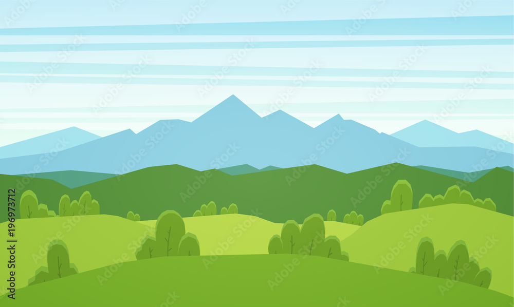 Cartoon mountains flat summer landscape with green hills