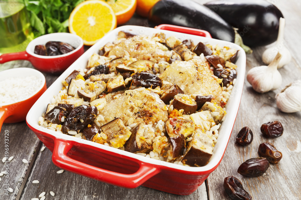 Chicken thigh baked with rice, eggplant and figs Chicken thigh baked with rice, eggplant and figs