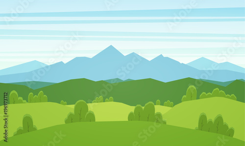Cartoon mountains flat summer landscape with green hills