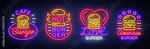 Burger Cafe set of neon signs. Fastfood burger sandwich collection logos in neon style, banner, design template, night advertising for dining, restaurant, snack bar, street food. Vector Illustrations