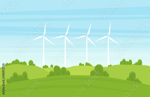 Cartoon Summer landscape with Wind energy turbines