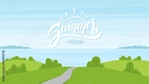 Cartoon road landscape with handwritten lettering of Summer Vacation.