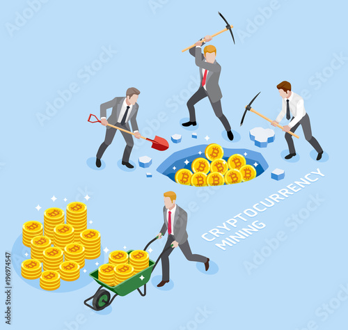 Bitcoin cryptocurrency mining concept. Group of business man use pickaxe working coin mine. Vector illustrations.