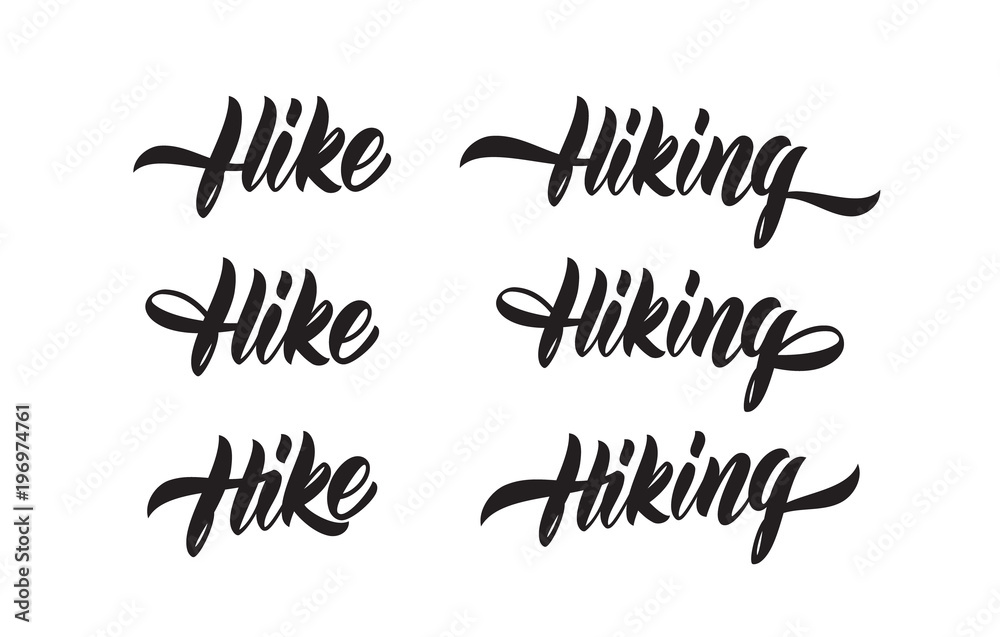 Set of Handwritten Modern brush type lettering of Hike and Hiking