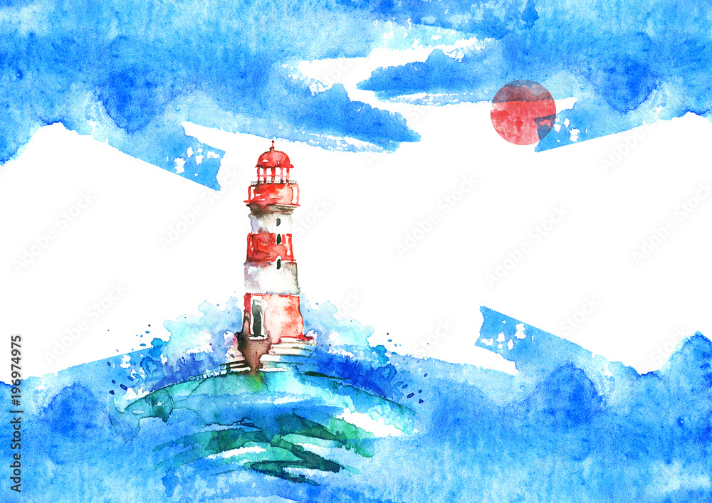 Watercolor illustration of lighthouse. Storm on the sea, clouds, dews, storm, hurricane, Red sun. A splash of blue paint. Art illustration, postcard Beautiful tower. 