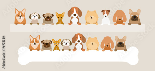 Group of Dog Breeds Holding Bone and Banner, Front View, Pet, Background © muchmania